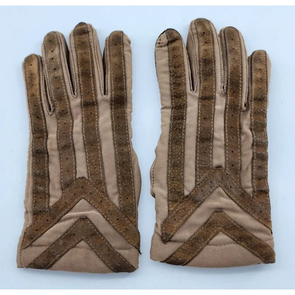 VTG Aris Isotoner Tan Women Fleece Lined Gloves Suede Brown Trim Warm Ups Large‎ - Picture 3 of 6